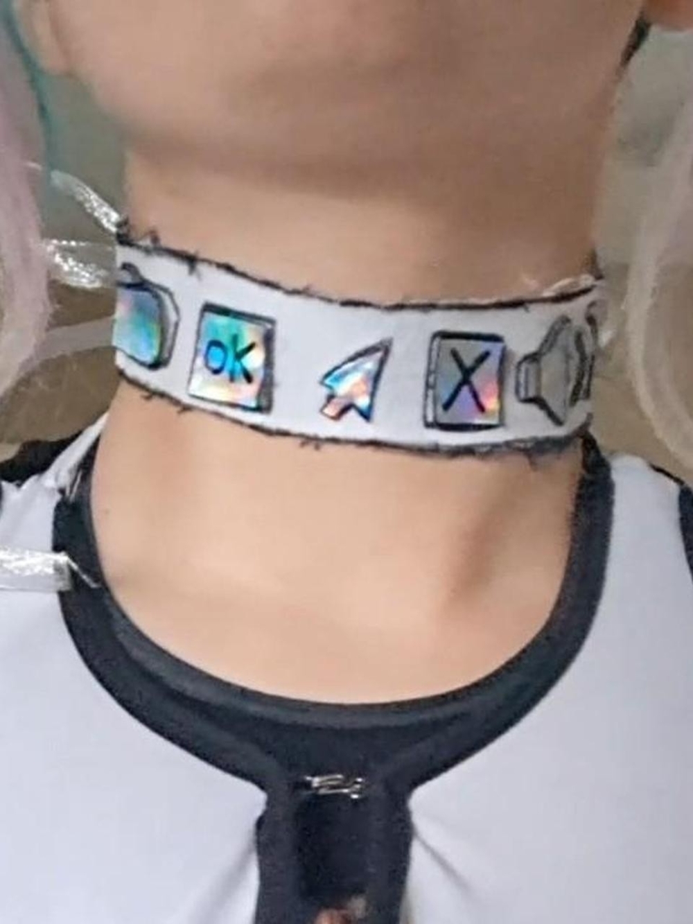 Queen of The Internet- White Denim Holographic Vaporwave Choker